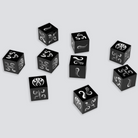 Elder Mythos custom dice set — nine black d6 with white ink