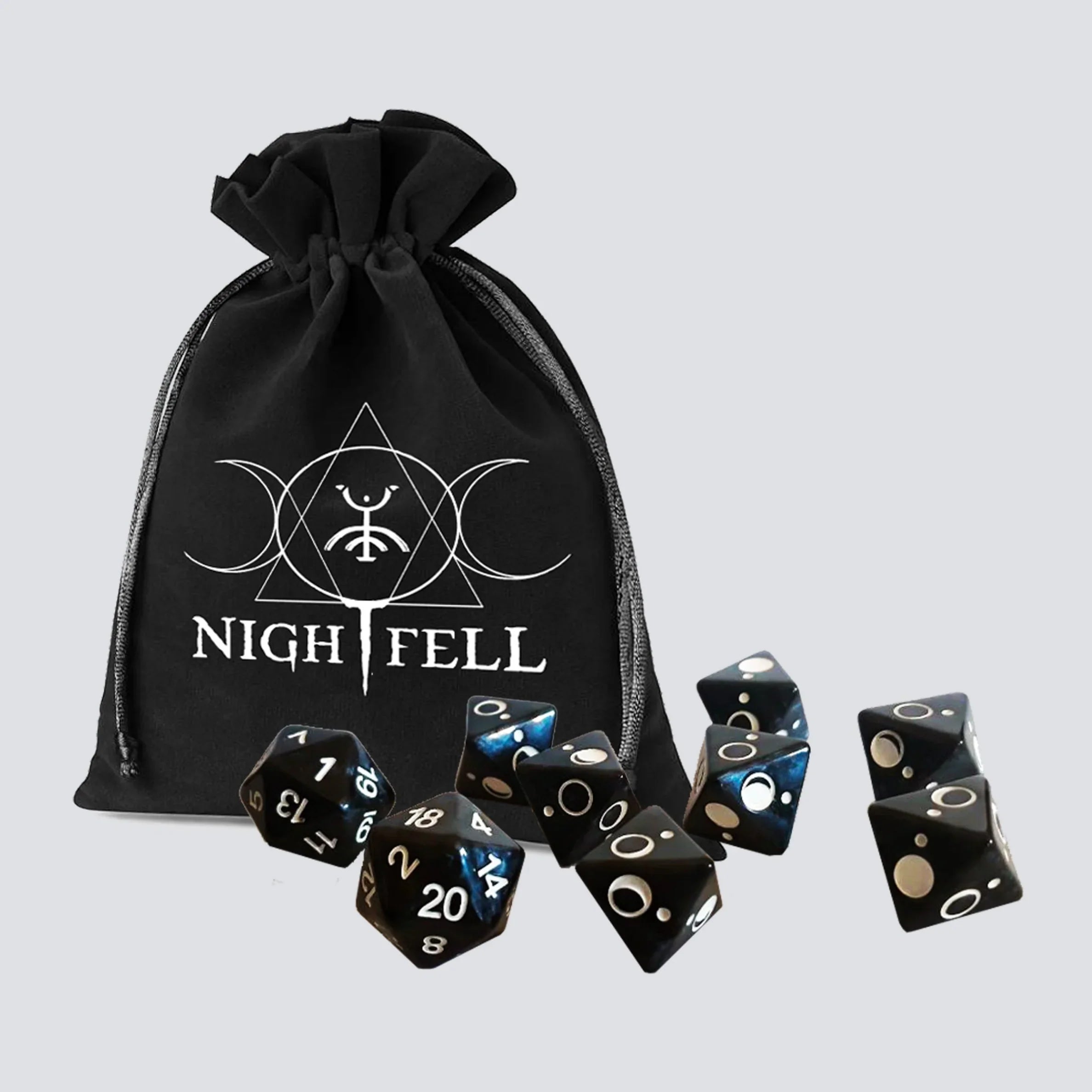 Nightfell Lunar Dice Set — 9 custom dice engraved with moon phases and Nightfell glyphs