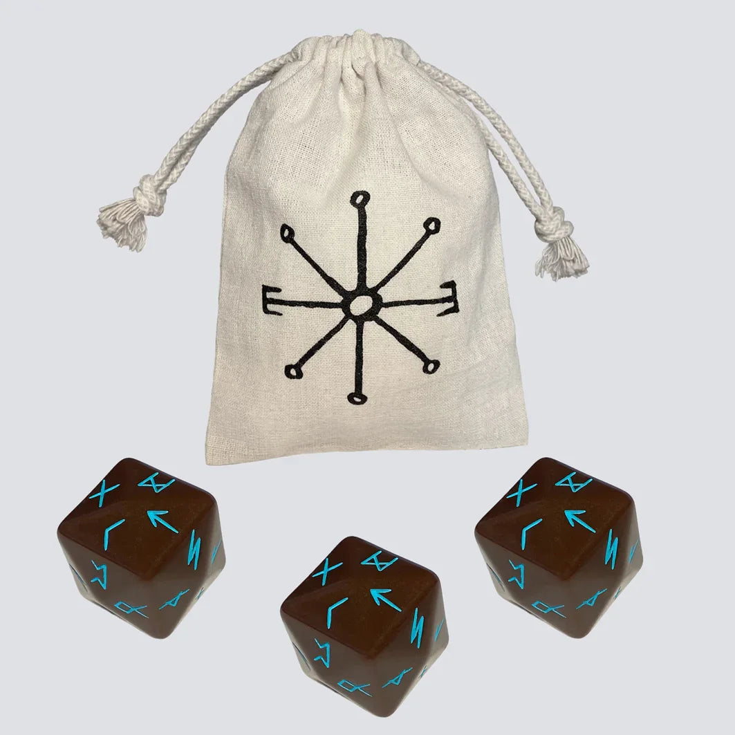 D24 RuneDice Set — three 24-sided Elder Futhark rune dice for Journey to Ragnarok Norse 5E